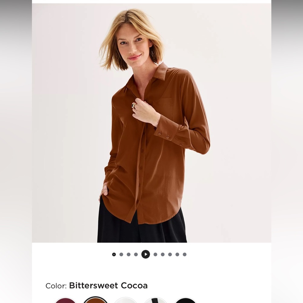 Nine West Brown Button Down Shirt Notched Collar Relaxed Fit